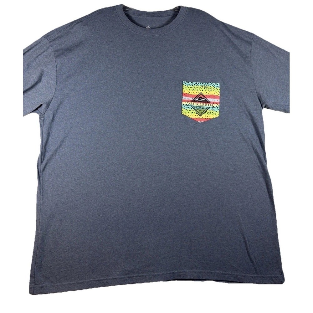 Burlebo Mens 2XL Blue Heathered Pocket T-Shirt Fishing Trout Graphic Tee